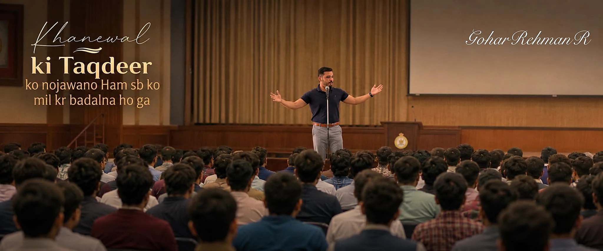 Gohar Rehman Rajput speaking to a large youth audience
